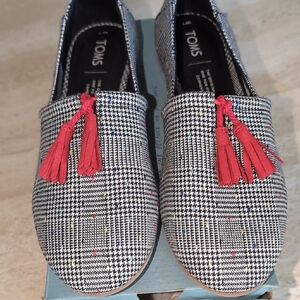 TOMS Houndstooth Loafers with Red Tassels